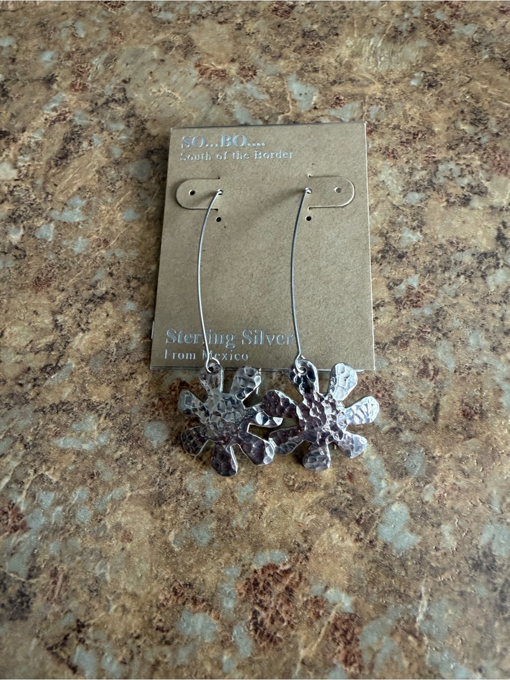 Sterling Silver Hammered Floral Drop Earrings - Silver